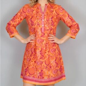 Maye dress, 3/4 length sleeves, vibrant orange & Pink floral block print dress.